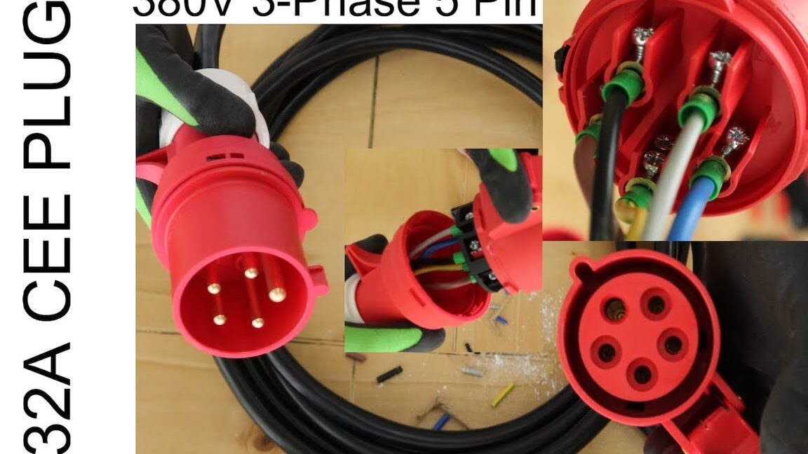 Cableado de enchufe y toma de corriente trifásico de 380 V y 32 amperios (el enchufe rojo)